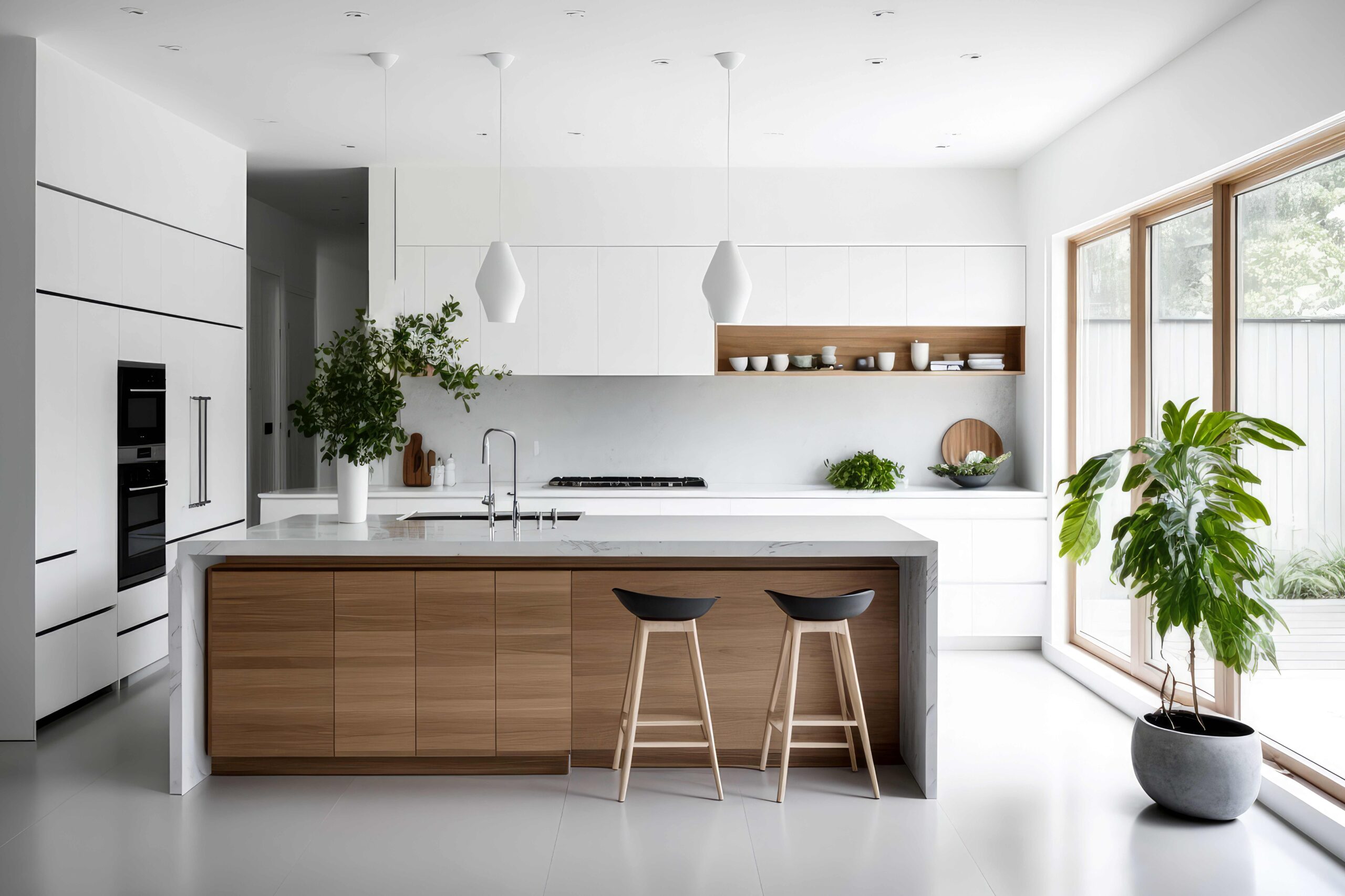Zeitlos minimalistisches Küchendesign mit einer Holzinsel und weißen Schränken, generative KI